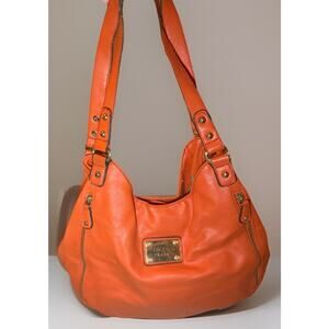 Nicole Lee Orange Hobo Shoulder Bag Gold Hardware Dual Zip Pockets Large